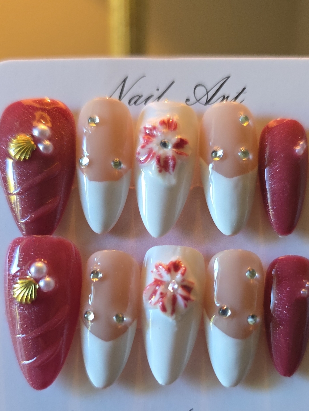 Press-On Nail Set with Pink and White Floral Accent - Size Large